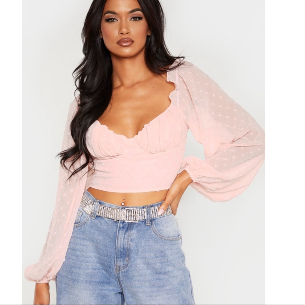Pretty little thing - Rose Dobby Mesh Cup Detail Long Sleeve Crop Top